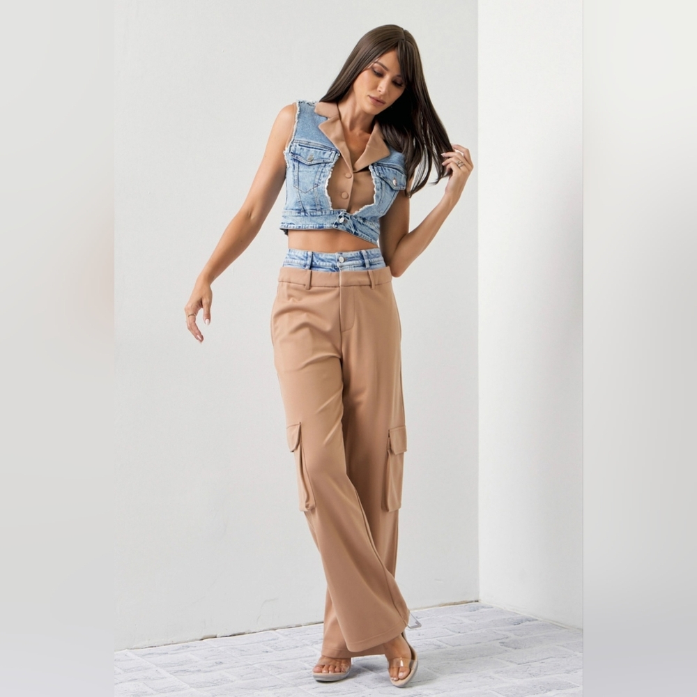 #512 521 🛑S,L HIGH END Mixed Fabric Denim Vest and Cargo Pants Set - Picture 15 of 16